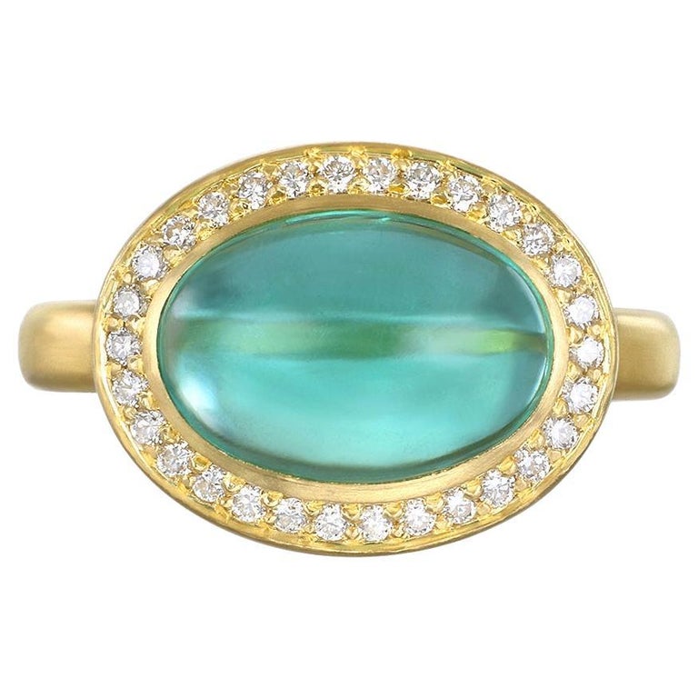 Faye Kim 18 Karat Gold Diamond Halo Blue-Green Tourmaline Ring For Sale