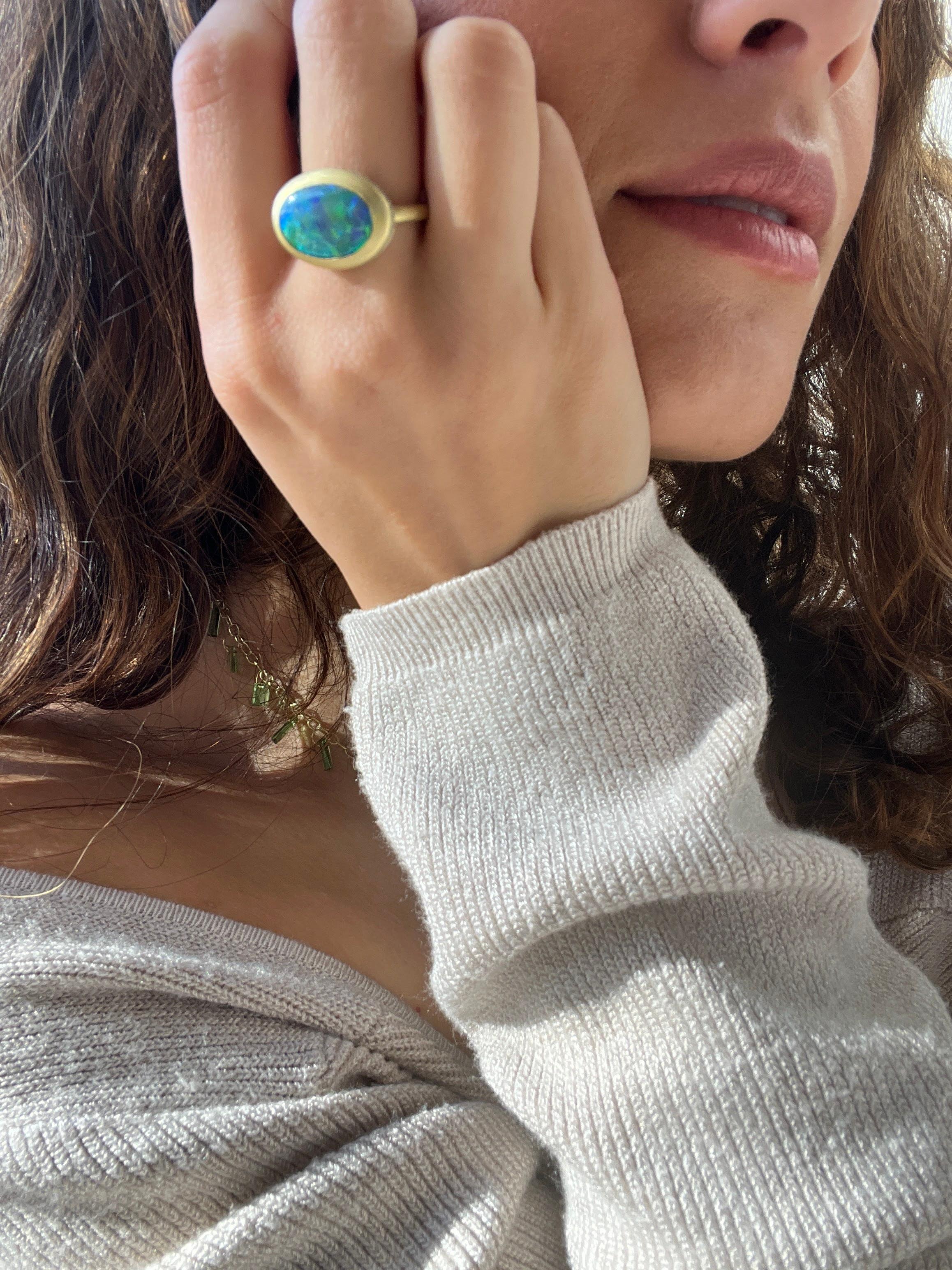 Contemporary Faye Kim 18 Karat Gold Diamond Halo Lightning Ridge Australian Black Opal Ring For Sale