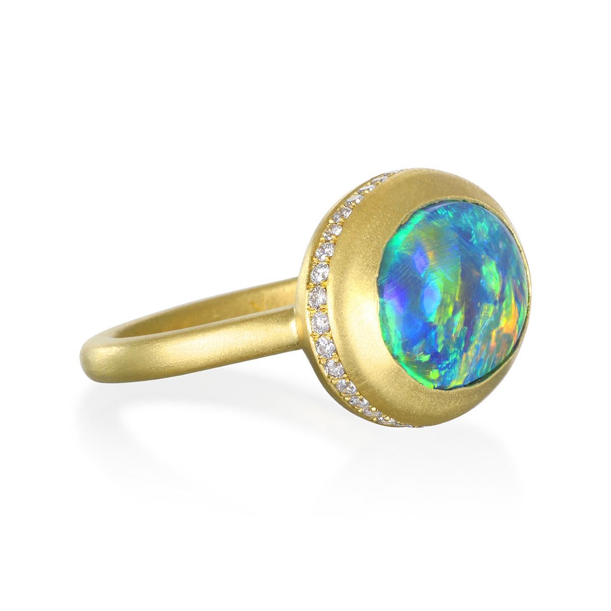 Oval Cut Faye Kim 18 Karat Gold Diamond Halo Lightning Ridge Australian Black Opal Ring For Sale