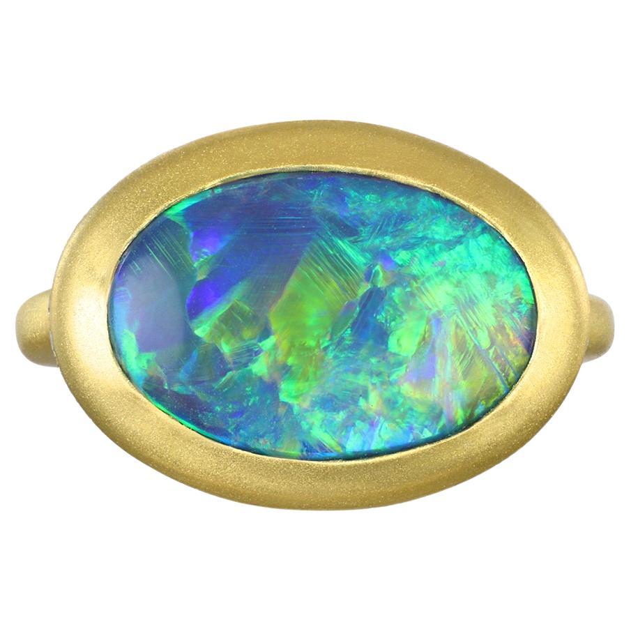 Faye Kim 18 Karat Gold Diamond Halo Lightning Ridge Australian Black Opal Ring
