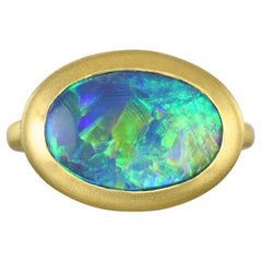 Faye Kim 18 Karat Gold Diamond Halo Lightning Ridge Australian Black Opal Ring