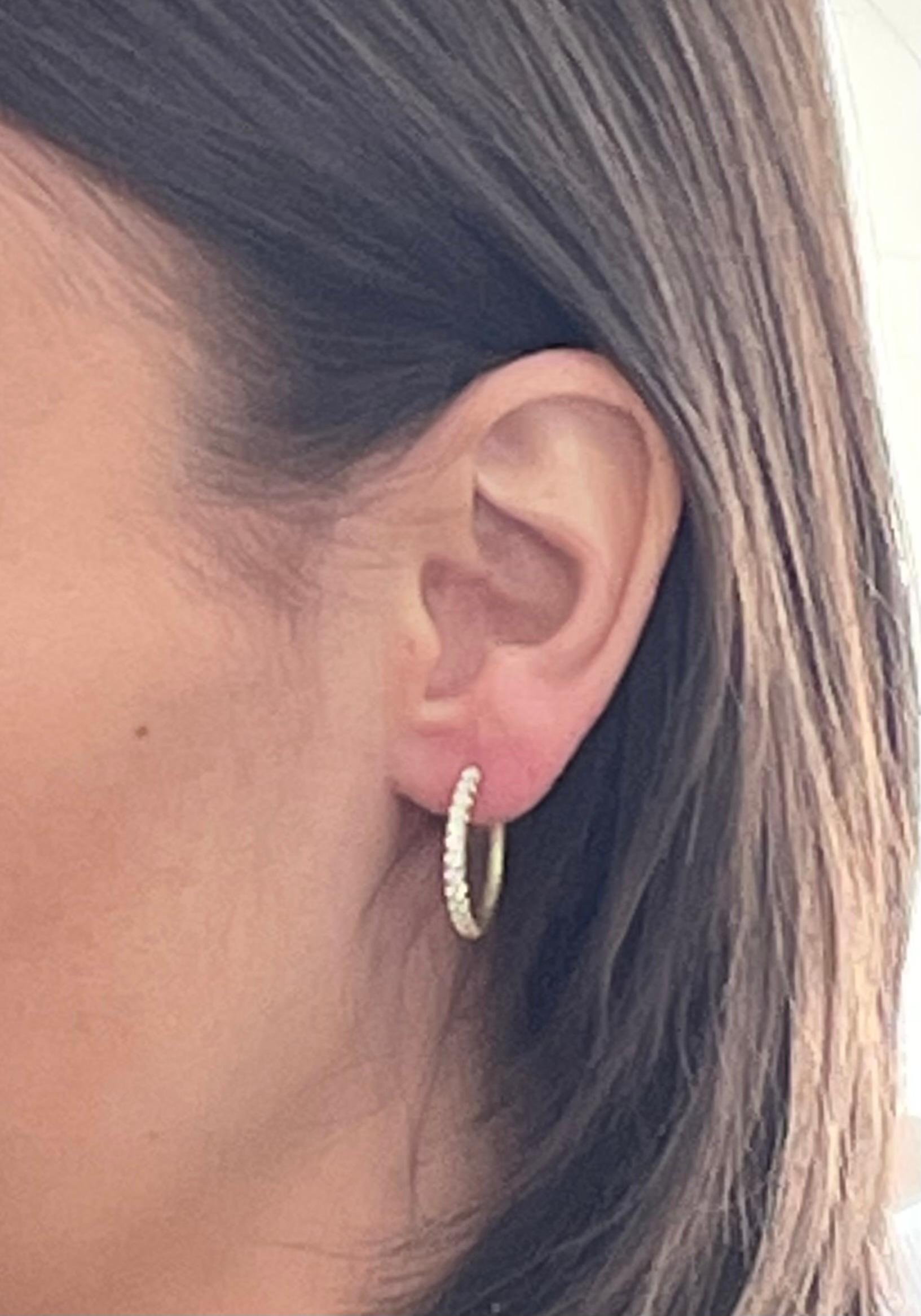 Faye Kim's handcrafted 18k gold* hoops with micro pave diamonds feature a matte finish which enhances the bright sparkle of the diamonds and conveys understated elegance.  A truly stylish way to way to hug your ears, these hoops will complement
