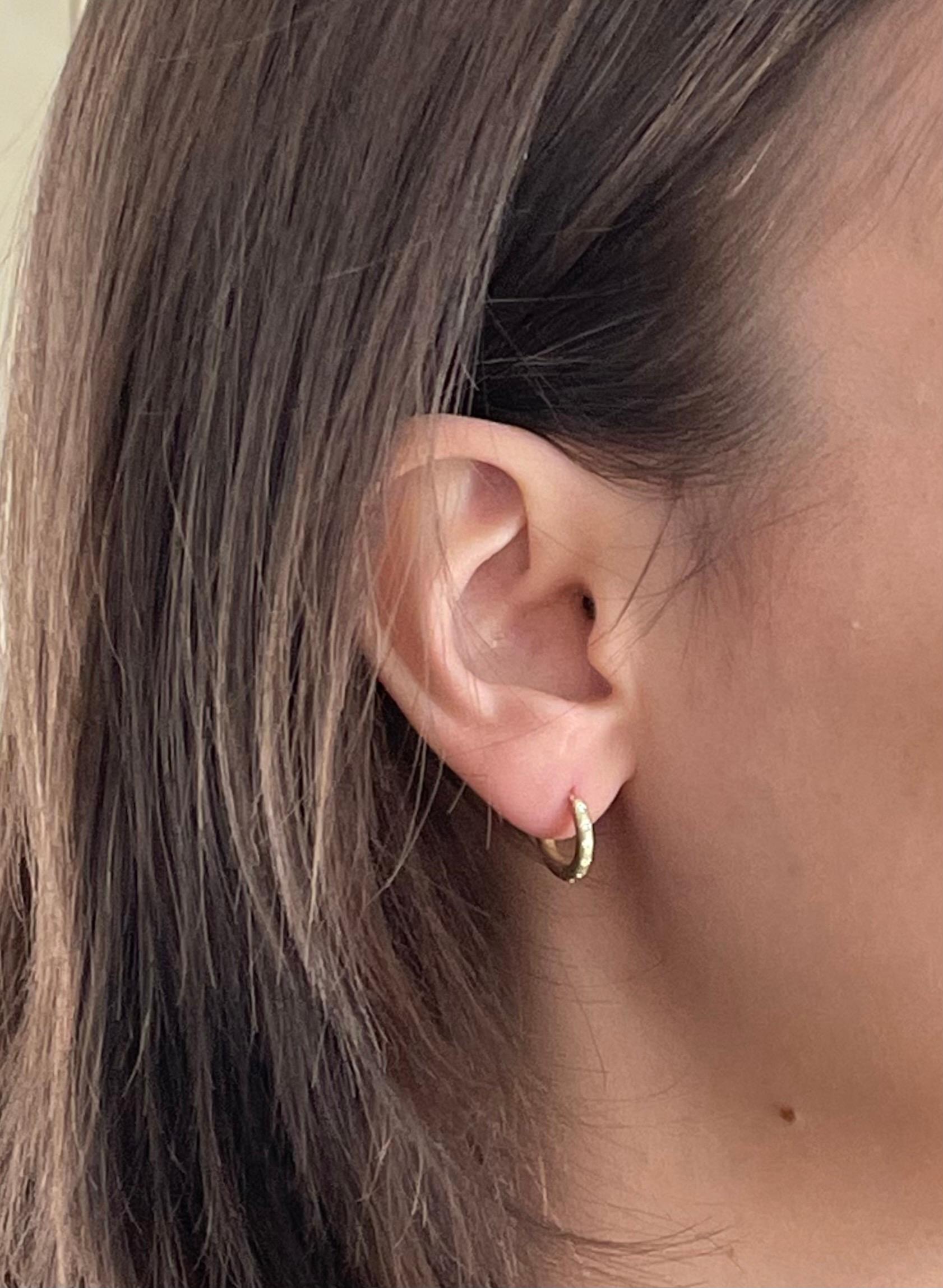 Handcrafted 18k gold* huggy hoops with burnished diamonds. The matte finish enhances the bright sparkle of the diamonds and conveys understated elegance. A truly stylish way to way to hug your ears.

Diamonds = .12 Carats twt
Length= .375

*In Faye