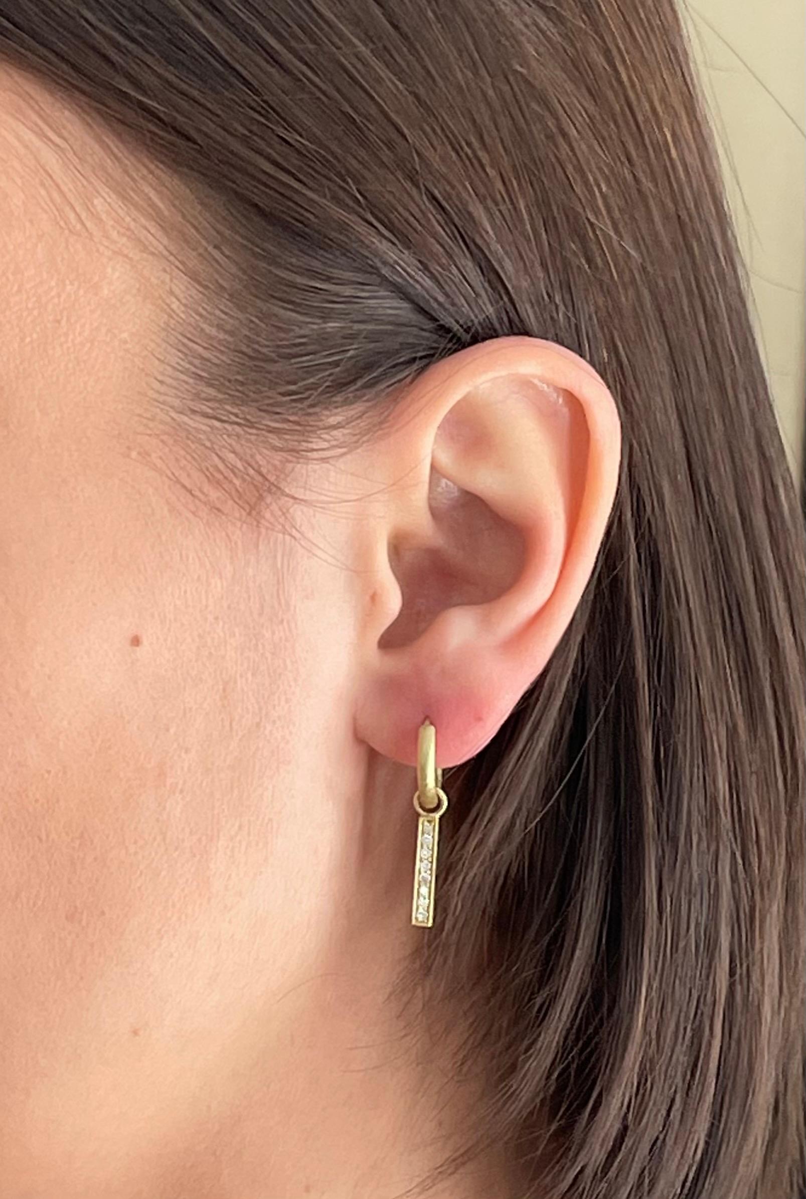 Handcrafted in 18k gold*, Faye Kim’s modern hoop design with diamond micro pave drops convey understated elegance and a truly stylish, everyday look. 

Hoops are solid with a hinged mechanism and matte finish. 2mm thick and 3/8