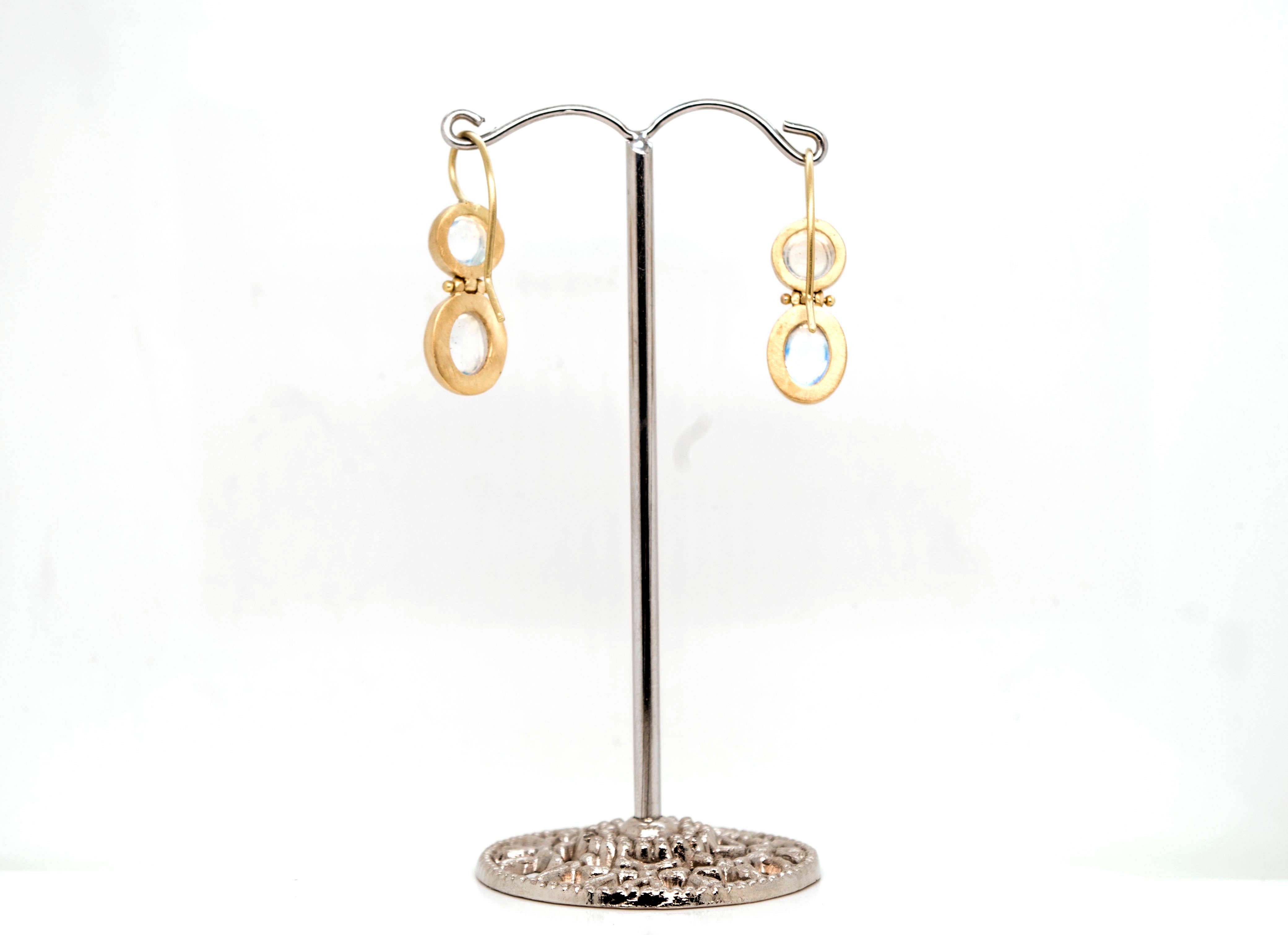 Oval Cut Faye Kim 18 Karat Gold Double Ceylon Moonstone Hinged Earrings For Sale