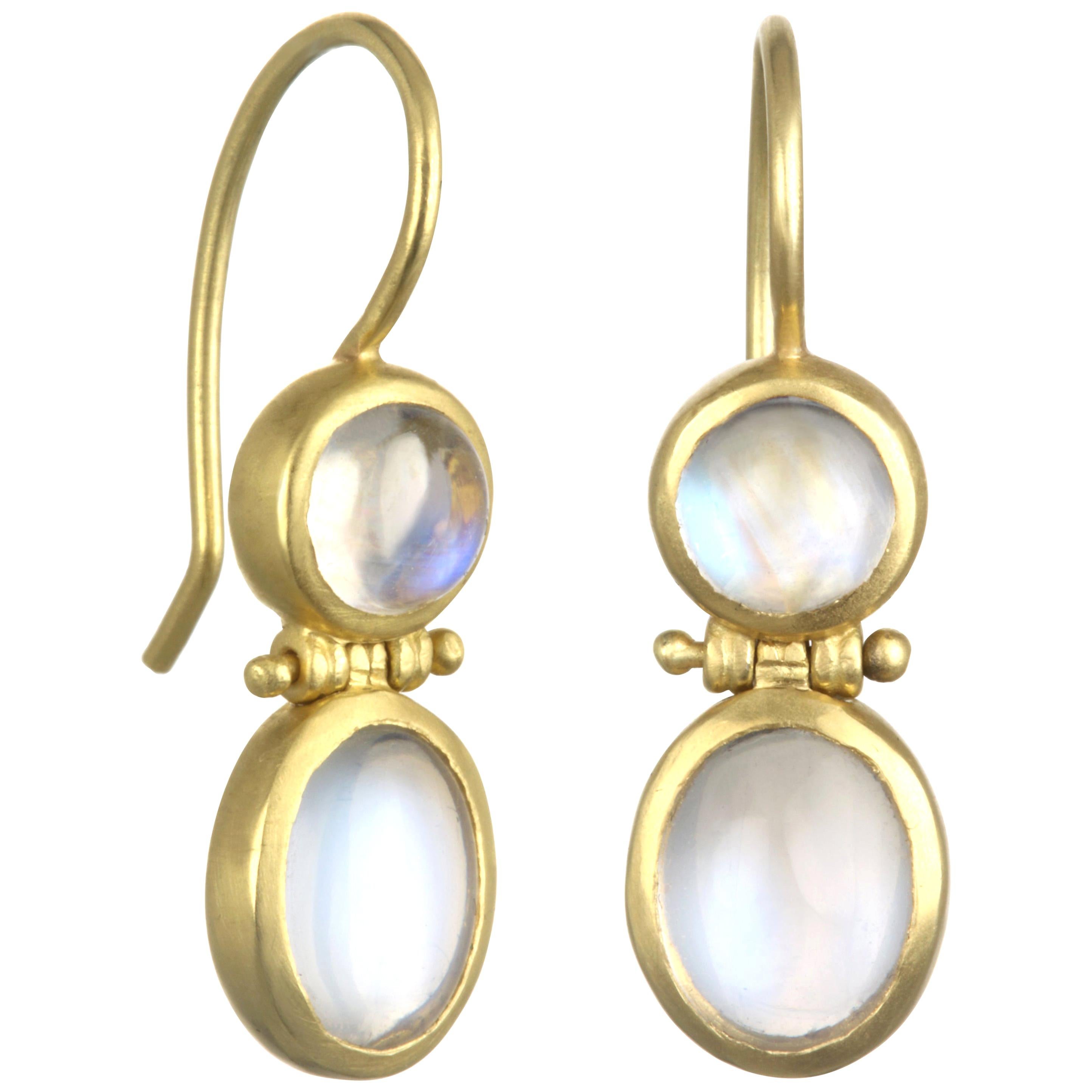 Faye Kim 18 Karat Gold Double Ceylon Moonstone Hinged Earrings For Sale