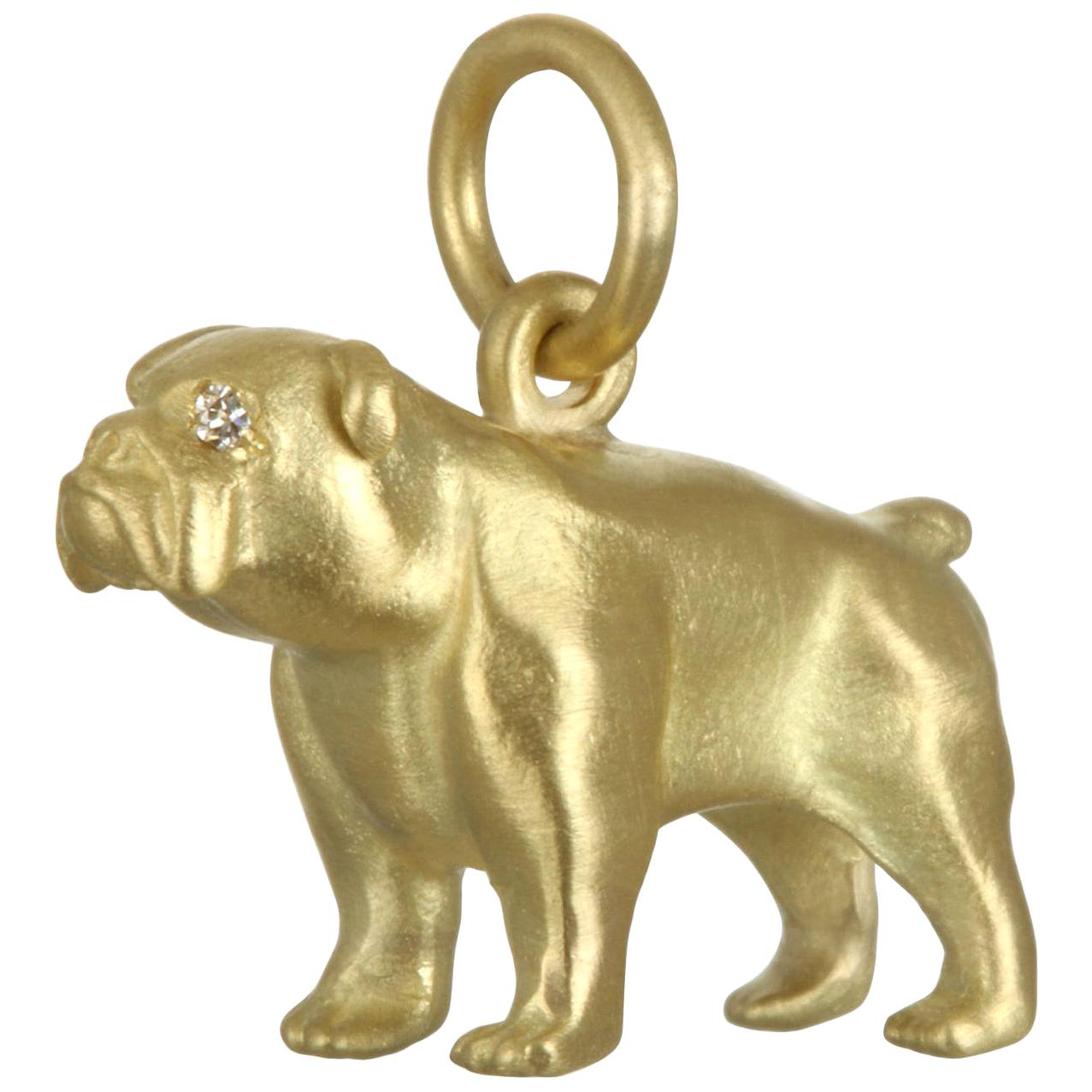 Englischer Bulldogge-Charm mit Diamantaugen, Kim, 18 Karat Gold