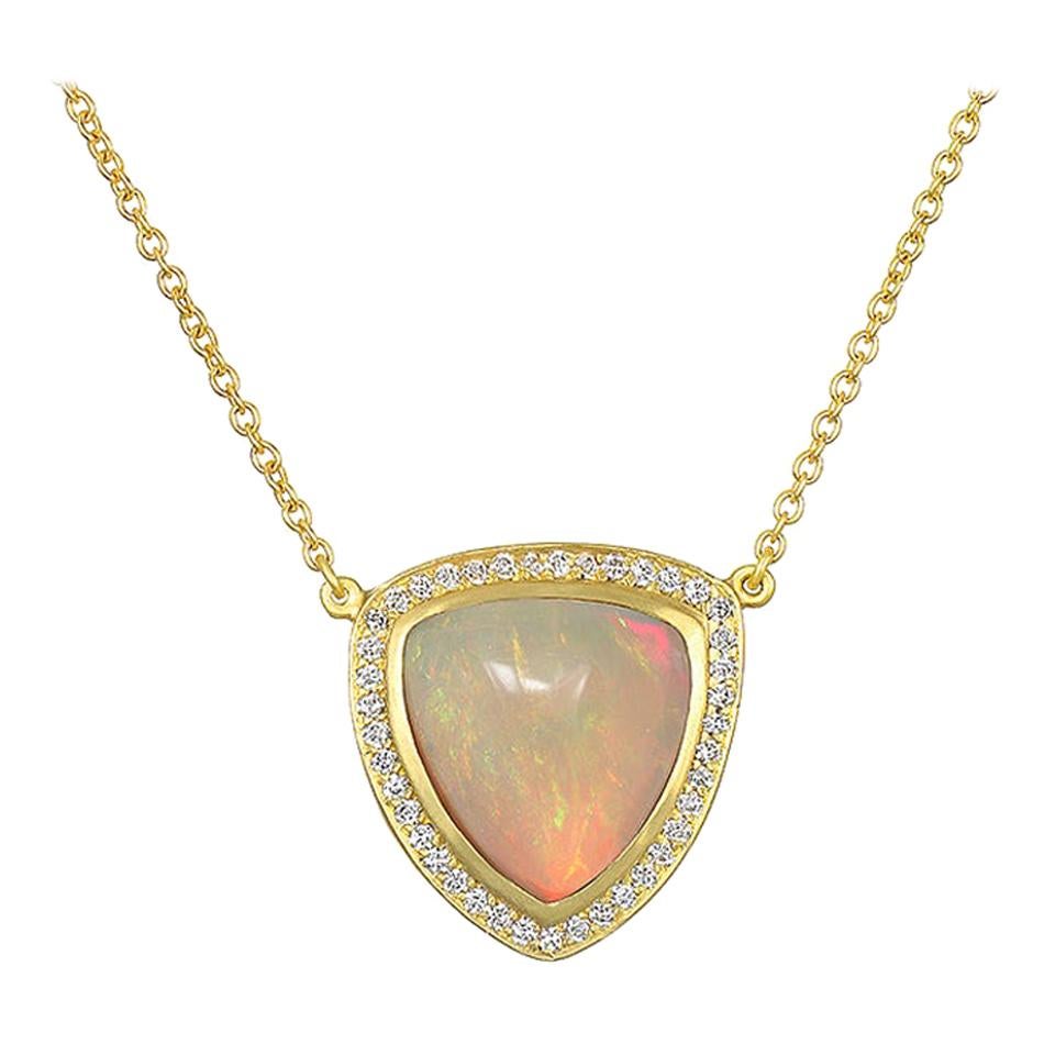 Faye Kim 18 Karat Gold Ethiopian Opal Pendant Necklace with Diamond Halo