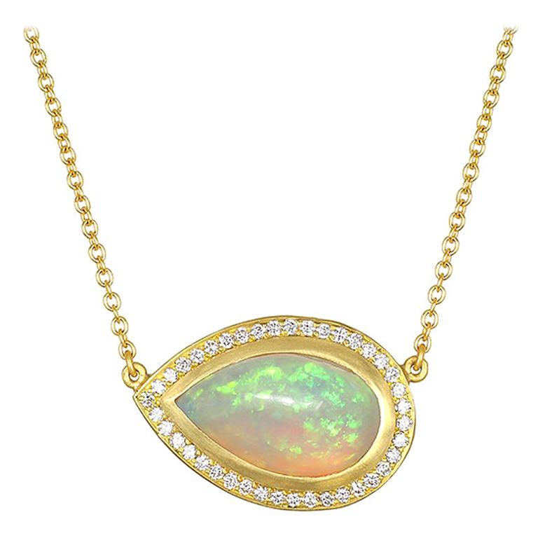 Faye Kim 18 Karat Gold Ethiopian Opal Pendant Necklace with Diamond Halo