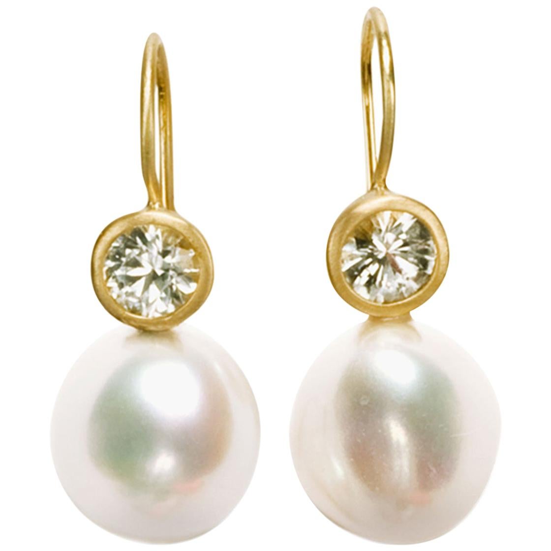 Faye Kim 18 Karat Gold Freshwater Pearl White Sapphire Earrings For Sale