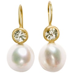 Faye Kim 18 Karat Gold Freshwater Pearl White Sapphire Earrings