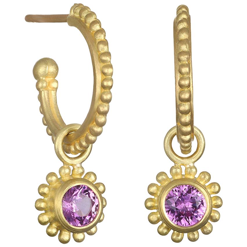 Faye Kim 18 Karat Gold Granulation Hoops with Pink Sapphire Drops