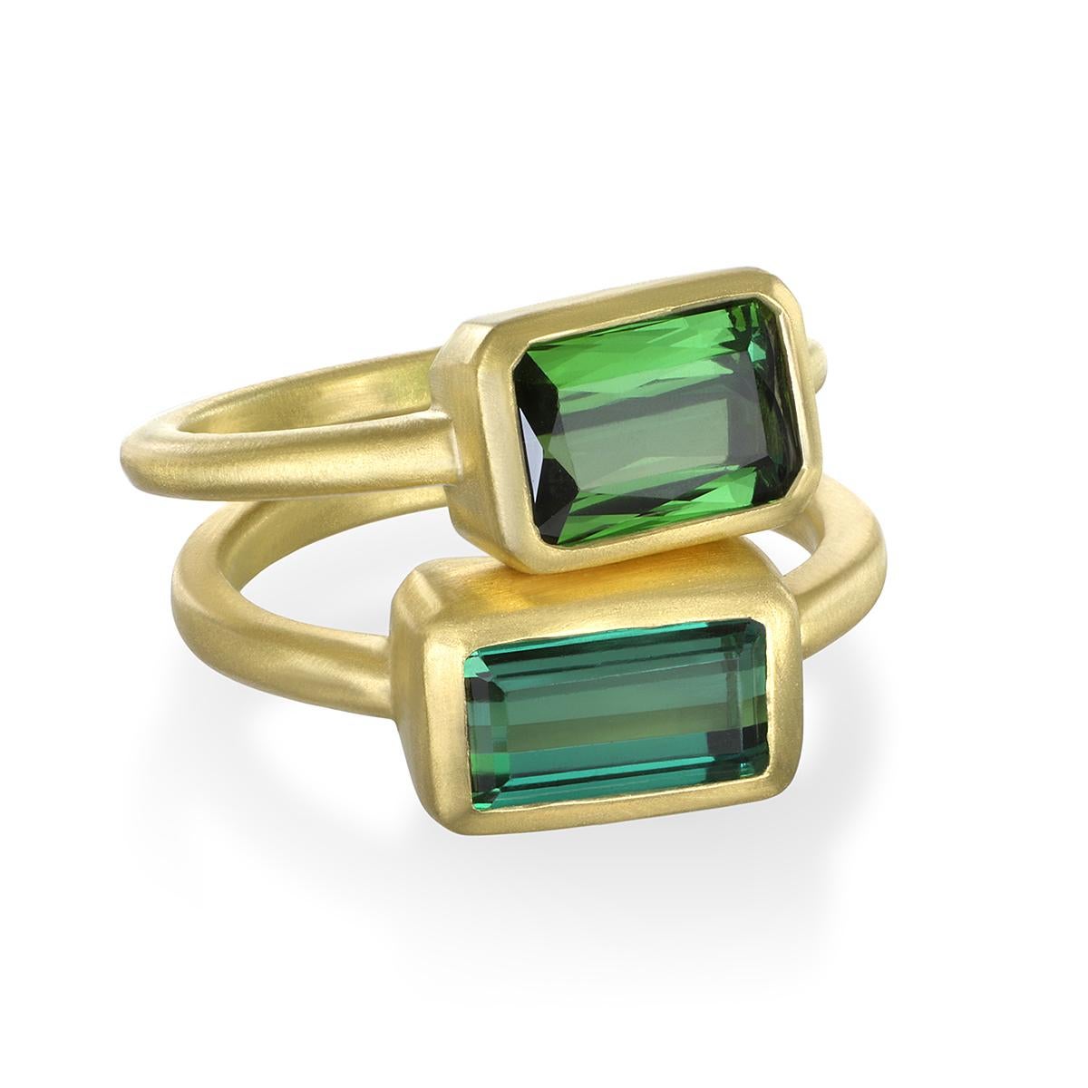 Faye Kim's signature 18K gold* Green Tourmaline Bezel Baguette Ring, with its French cut and matte finish, is beautiful worn alone or stacked with other rings. It offers both a contemporary and timeless elegance and feel, and is available in other
