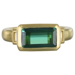 Faye Kim 18 Karat Gold Green Tourmaline Diamond Baguette Ring