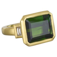 Faye Kim 18 Karat Gold Green Tourmaline Ring with Diamond Baguettes