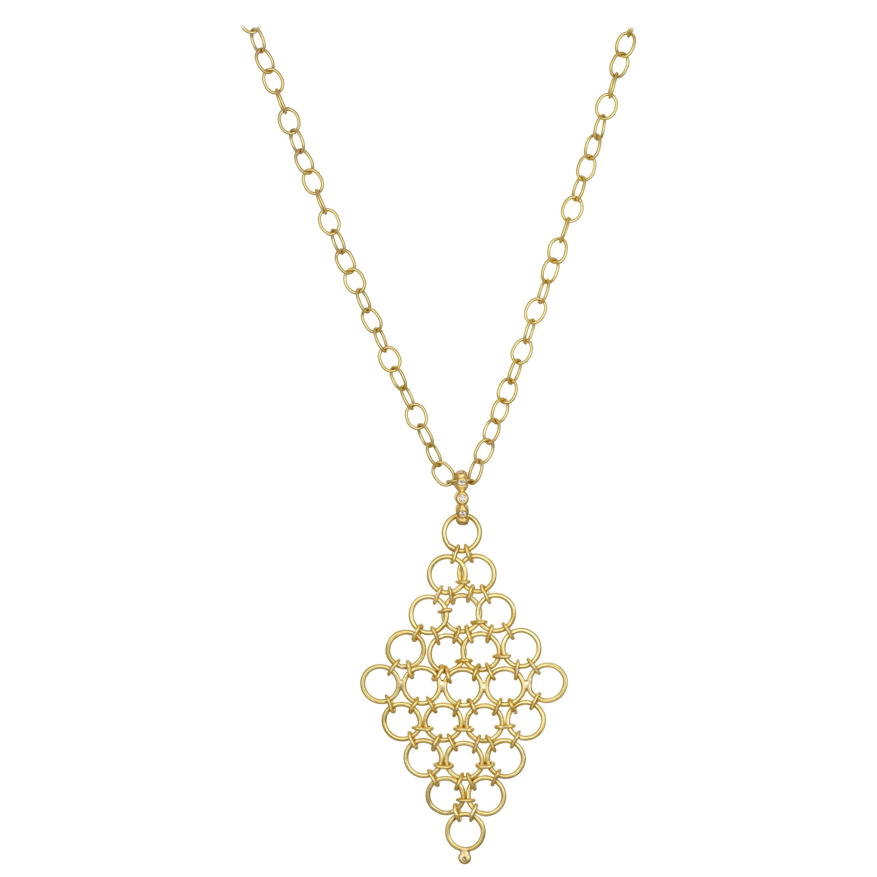 Faye Kim 18 Karat Gold Handmade Diamond Mesh Pendant Necklace 32"