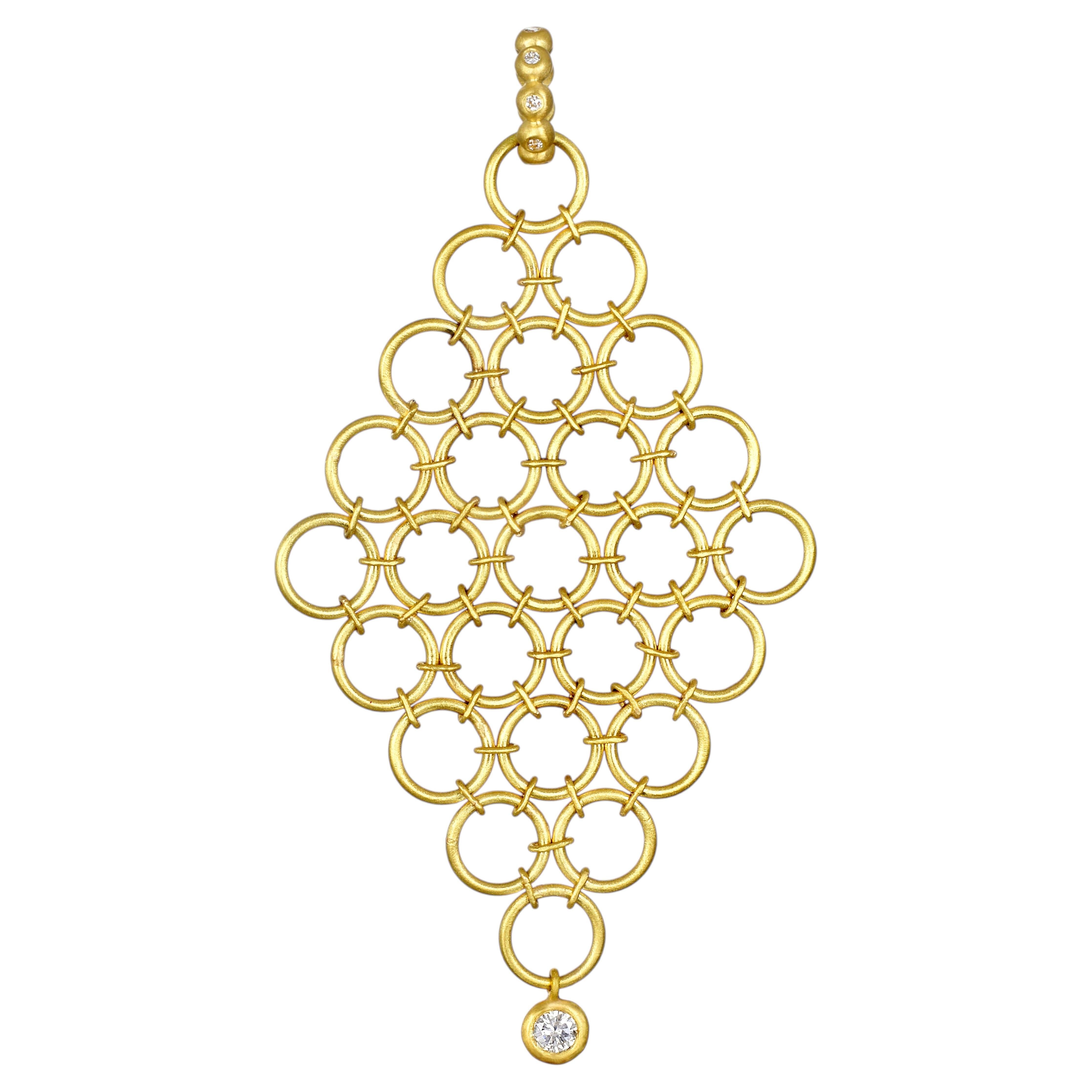 Faye Kim 18 Karat Gold Handmade Diamond Mesh Pendant For Sale