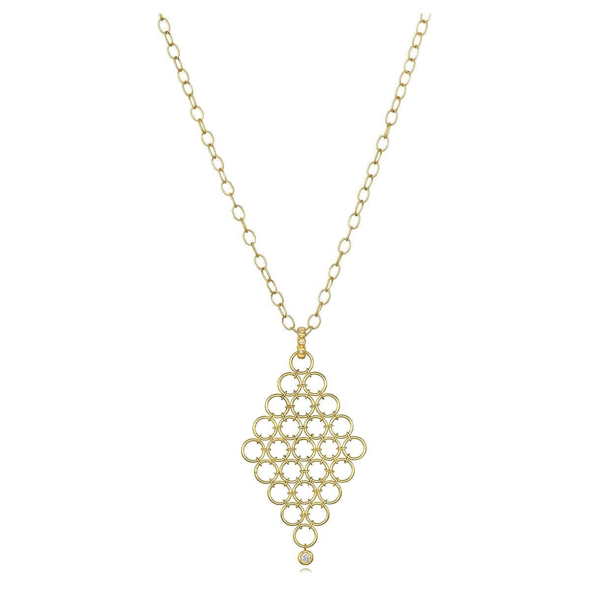 Faye Kim 18 Karat Gold Handmade Diamond Mesh Pendant Necklace For Sale