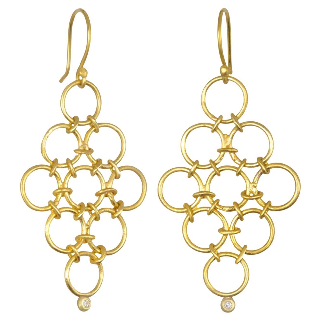 Faye Kim 18 Karat Gold Handmade Mesh Diamond Drop Earrings