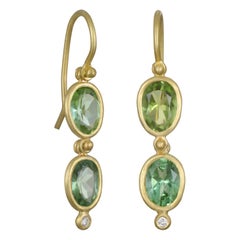 Faye Kim 18 Karat Gold Hinged Blue Green Beryl Earrings with Diamonds