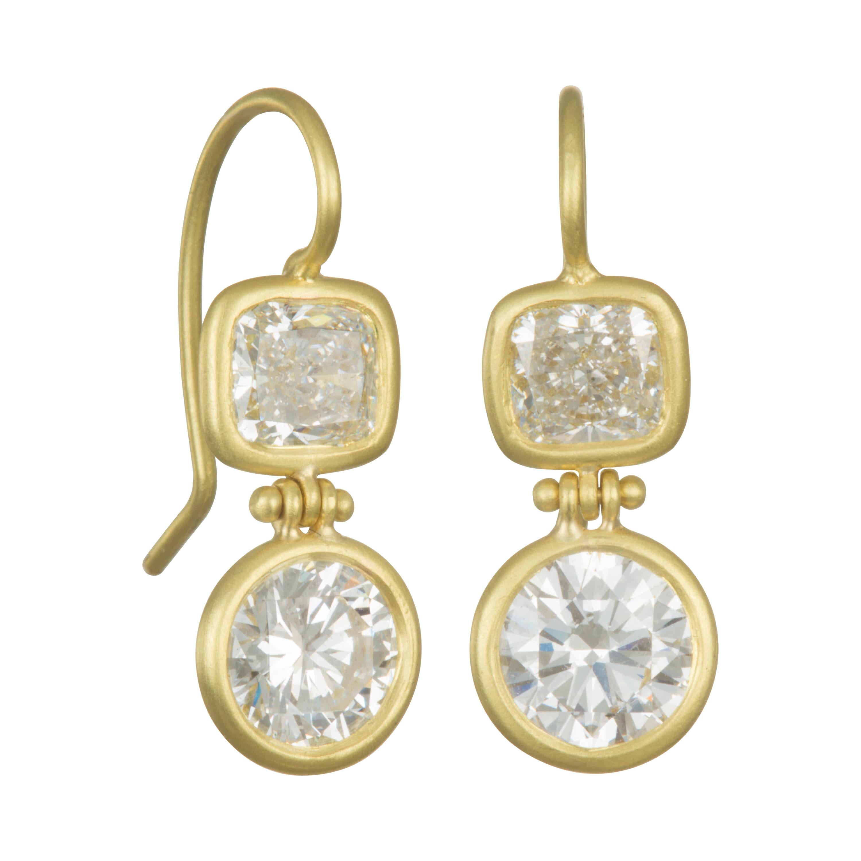 Faye Kim 18 Karat Gold GIA Certified Round, Cushion Diamond Drop Earrings