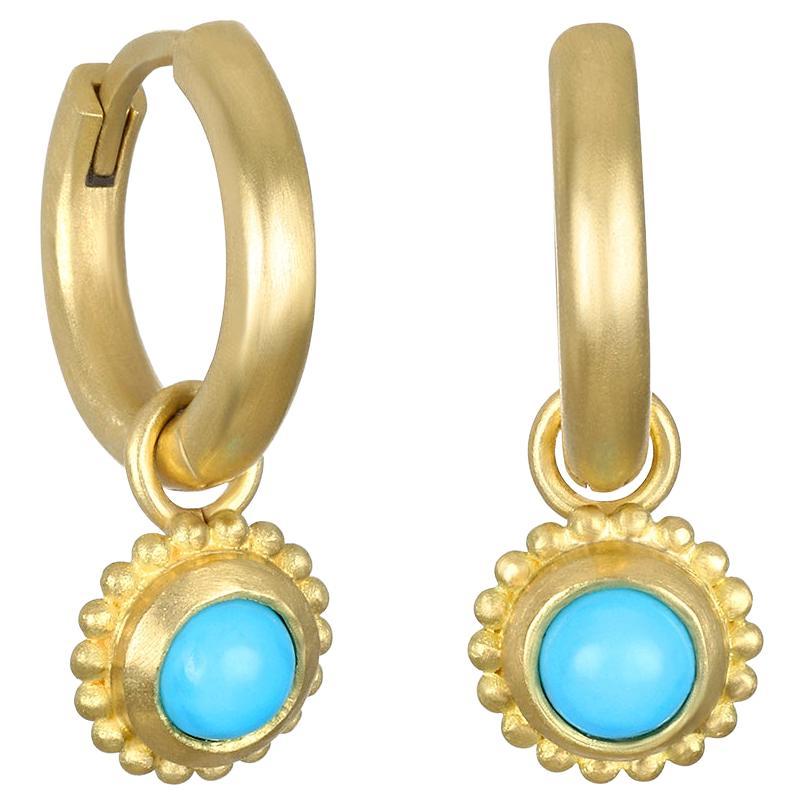 Faye Kim 18 Karat Gold Hinged Huggy Hoops with Turquoise Granulation Bezel Drops For Sale