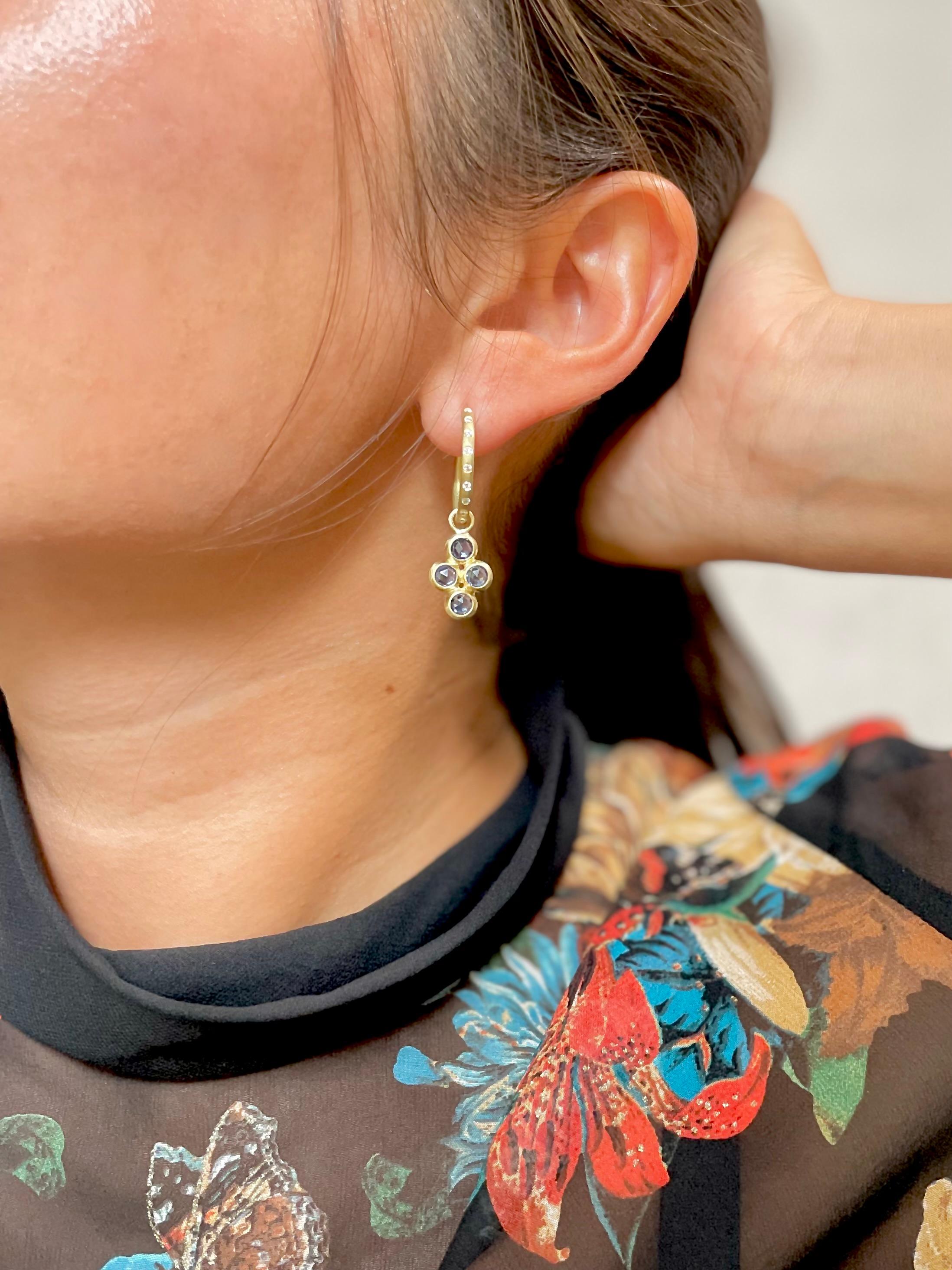 Faye Kim's 18 Karat Gold Hoops with Detachable Blue Sapphire Quad Bezel Rose Cut Drops - The
hoops can be worn separately. The drops can be attached to many of Faye's other hoops, allowing for mixing and matching, adding style and sparkle to any