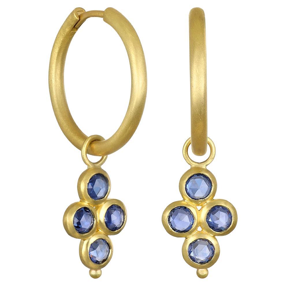 Faye Kim 18 Karat Gold Hoops with Blue Sapphire Drops For Sale
