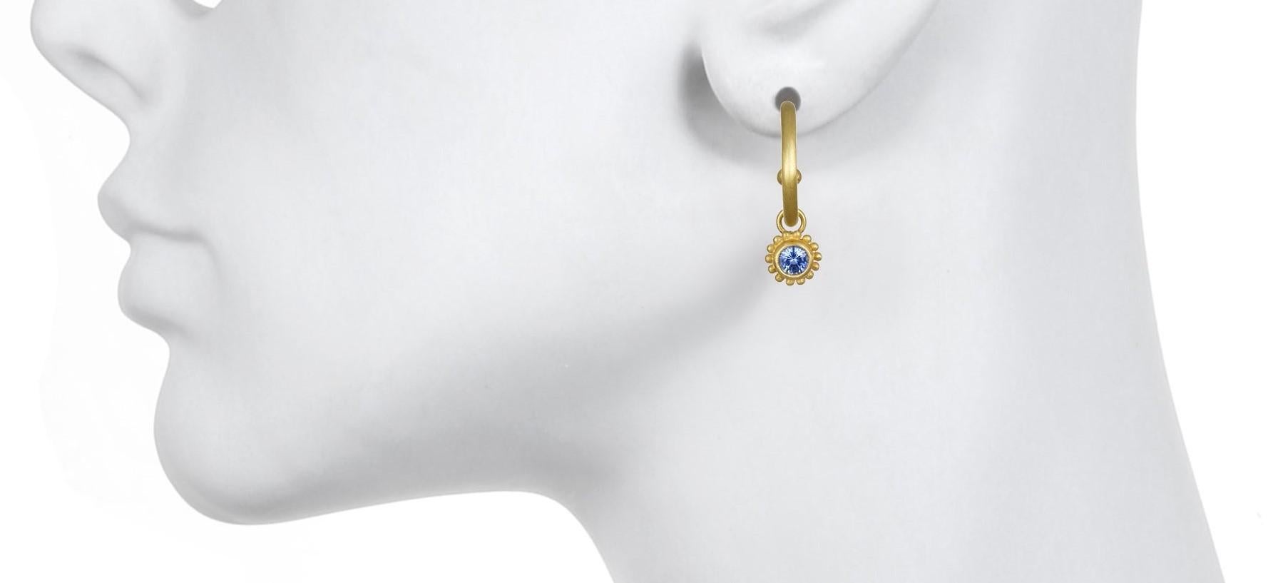 Contemporary Faye Kim 18 Karat Gold Hoops with Ceylon Blue Sapphire Drops