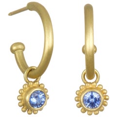 Faye Kim 18 Karat Gold Hoops with Ceylon Blue Sapphire Drops