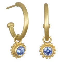 Faye Kim 18 Karat Gold Hoops with Ceylon Blue Sapphire Drops