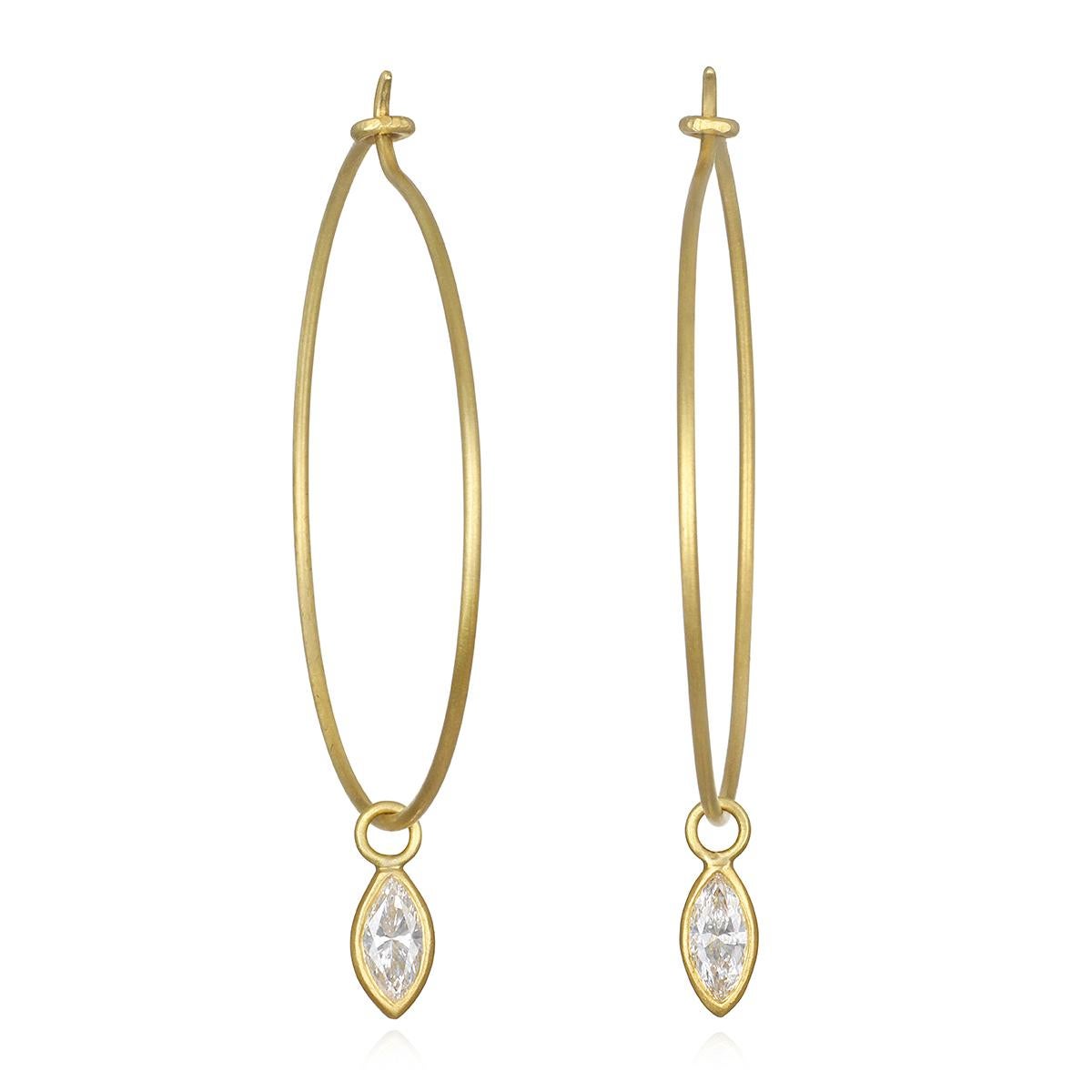 Contemporary Faye Kim 18 Karat Gold Hoops with Marquise Diamond Drops For Sale