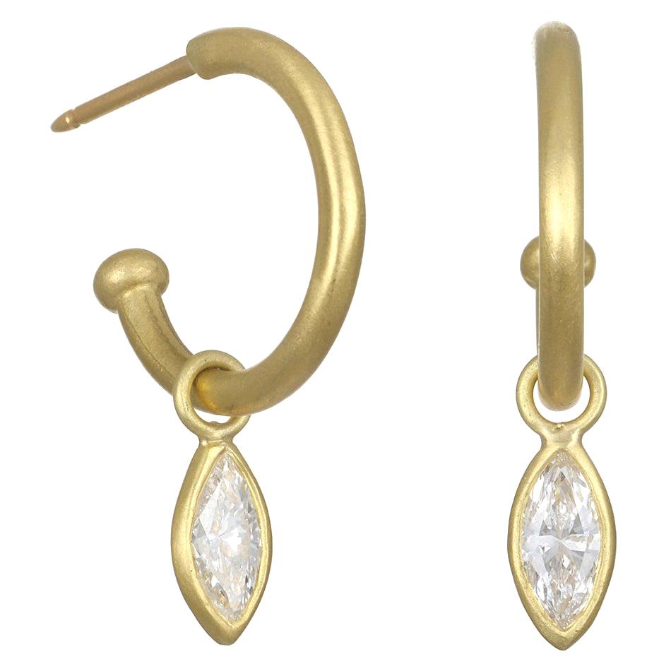 Faye Kim 18 Karat Gold Hoops with Marquise Diamond Drops For Sale