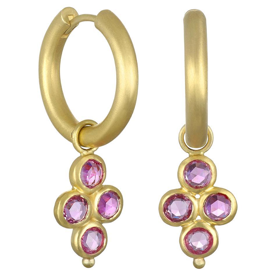 Faye Kim 18 Karat Gold Hoops With Pink Sapphire Drops For Sale