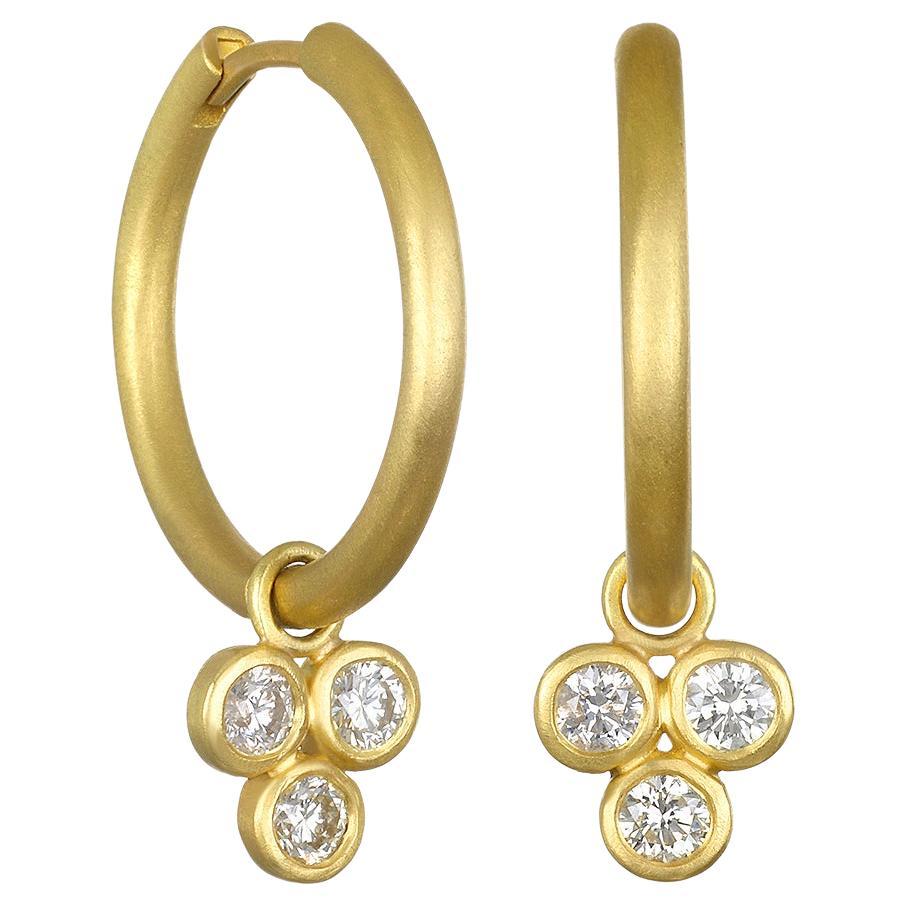 Faye Kim 18 Karat Gold Hoops with Triple Diamond Drops For Sale