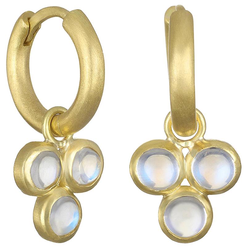 Faye Kim 18 Karat Gold Huggy Hoops with Blue Moonstone Drops For Sale