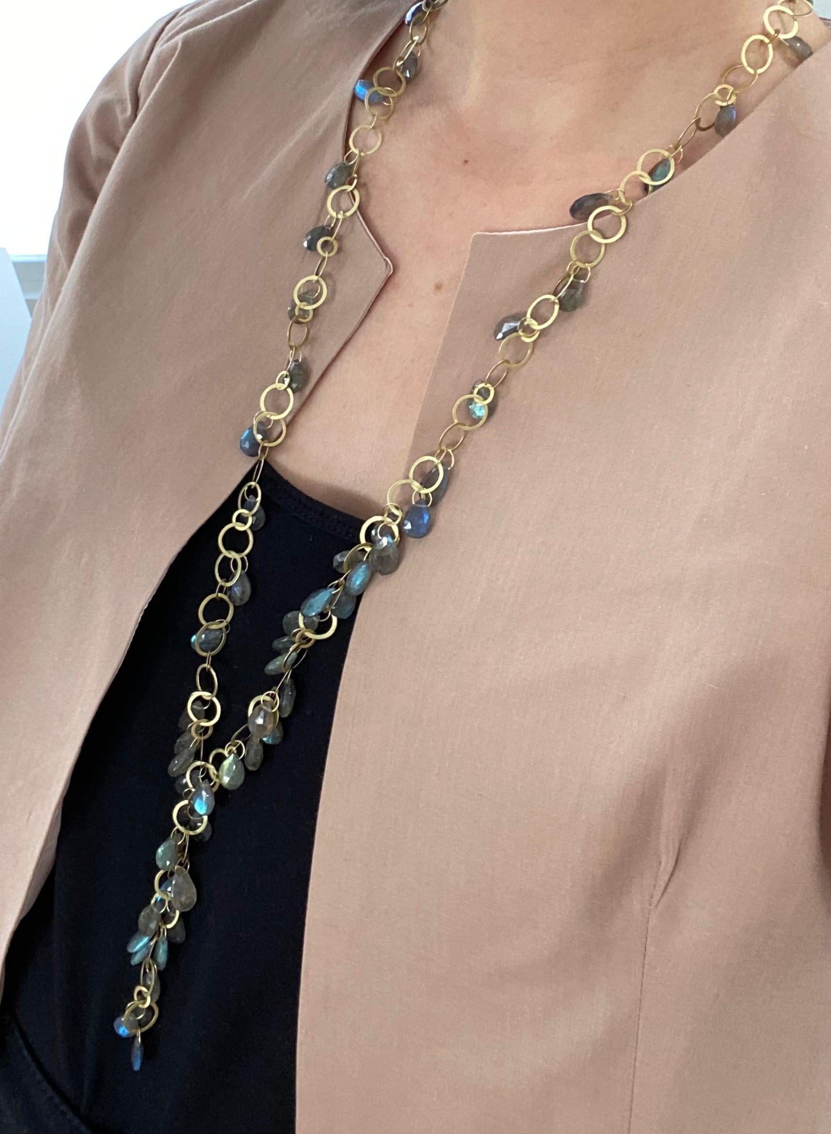 Faye Kim 18 Karat Gold Labradorite Briolette Fringe Necklace In New Condition For Sale In Westport, CT