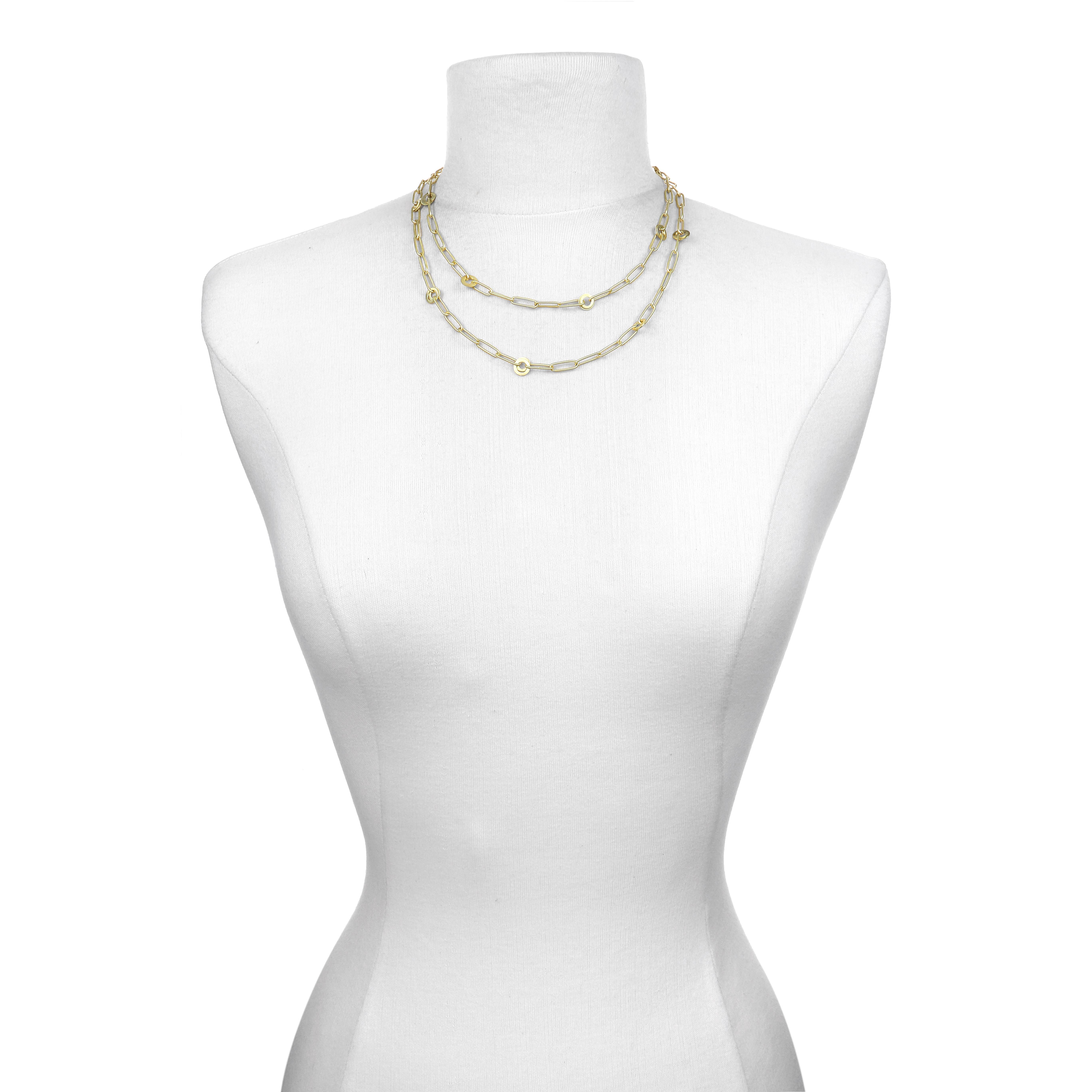   Experience everyday luxury. One of Faye Kim's best selling chains, the paperclip chain embellished with planished round links can be adjusted to multiple lengths or doubled for a shorter, layered look. Also terrific when layered with shorter