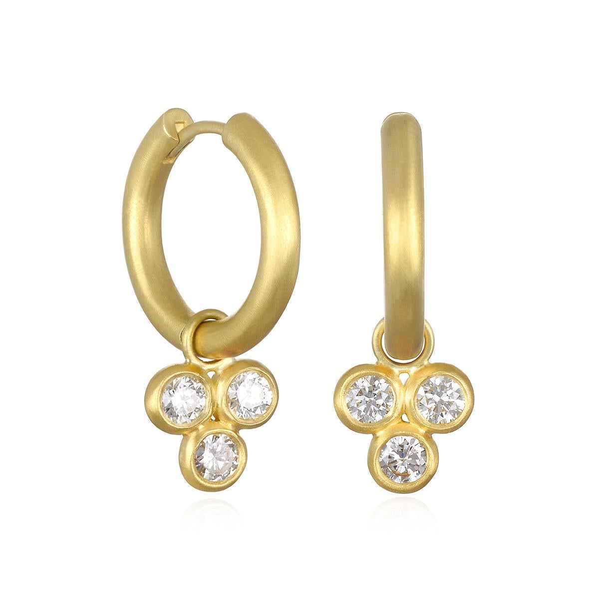 Faye Kim 18 Karat Gold Micro Pave Hoops with Detachable Triple Diamond Earring Drops - Perfect for every style and occasion!
Hoops: 
Inner Diameter .5
