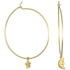 Faye Kim 18 Karat Gold Moon and Star Charm Hoop Earrings