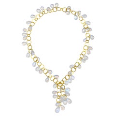 Faye Kim 18 Karat Gold Moonstone 20" Fringe Necklace with 2" long Cluster