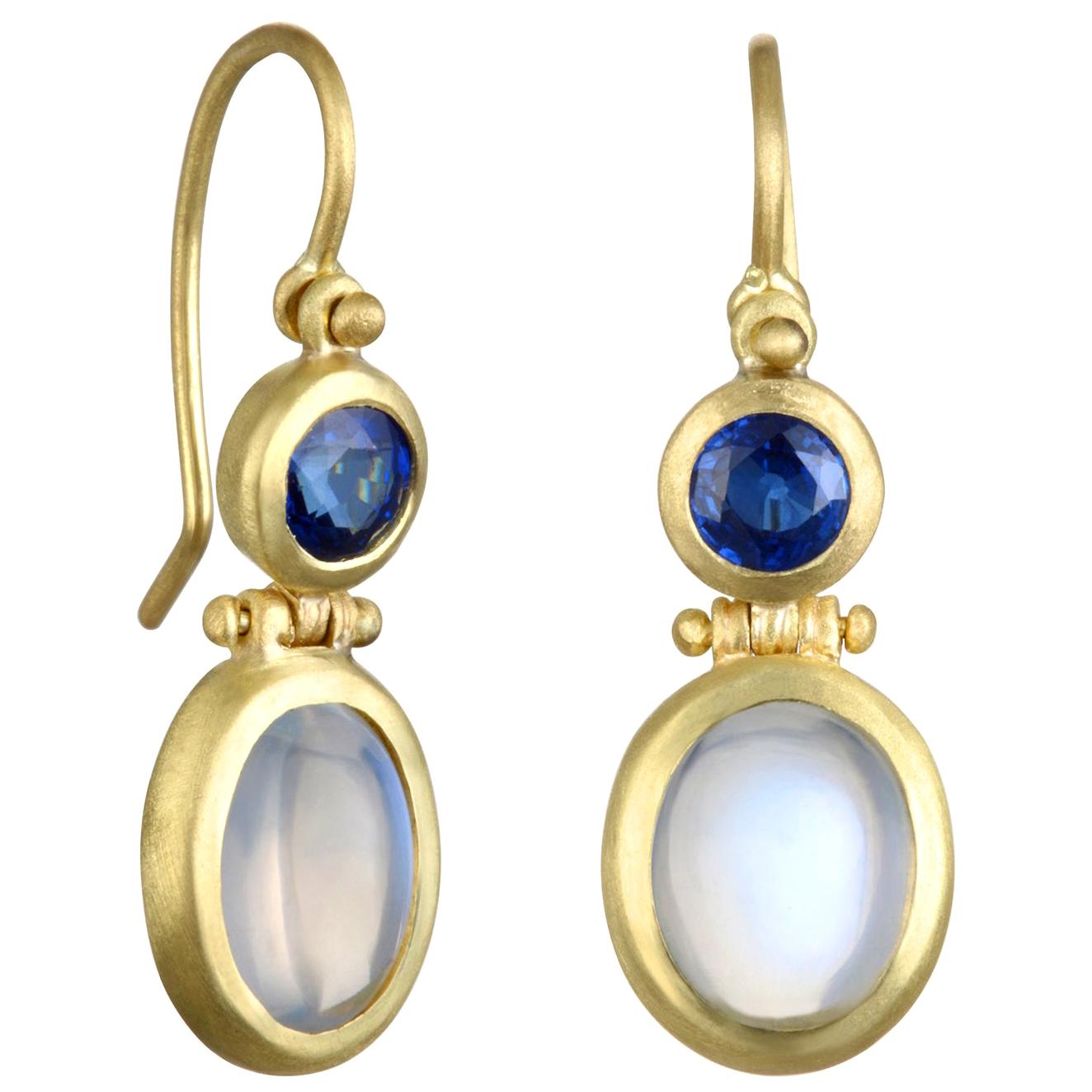 Faye Kim 18 Karat Gold Moonstone and Ceylon Blue Sapphire Drop Earrings For Sale