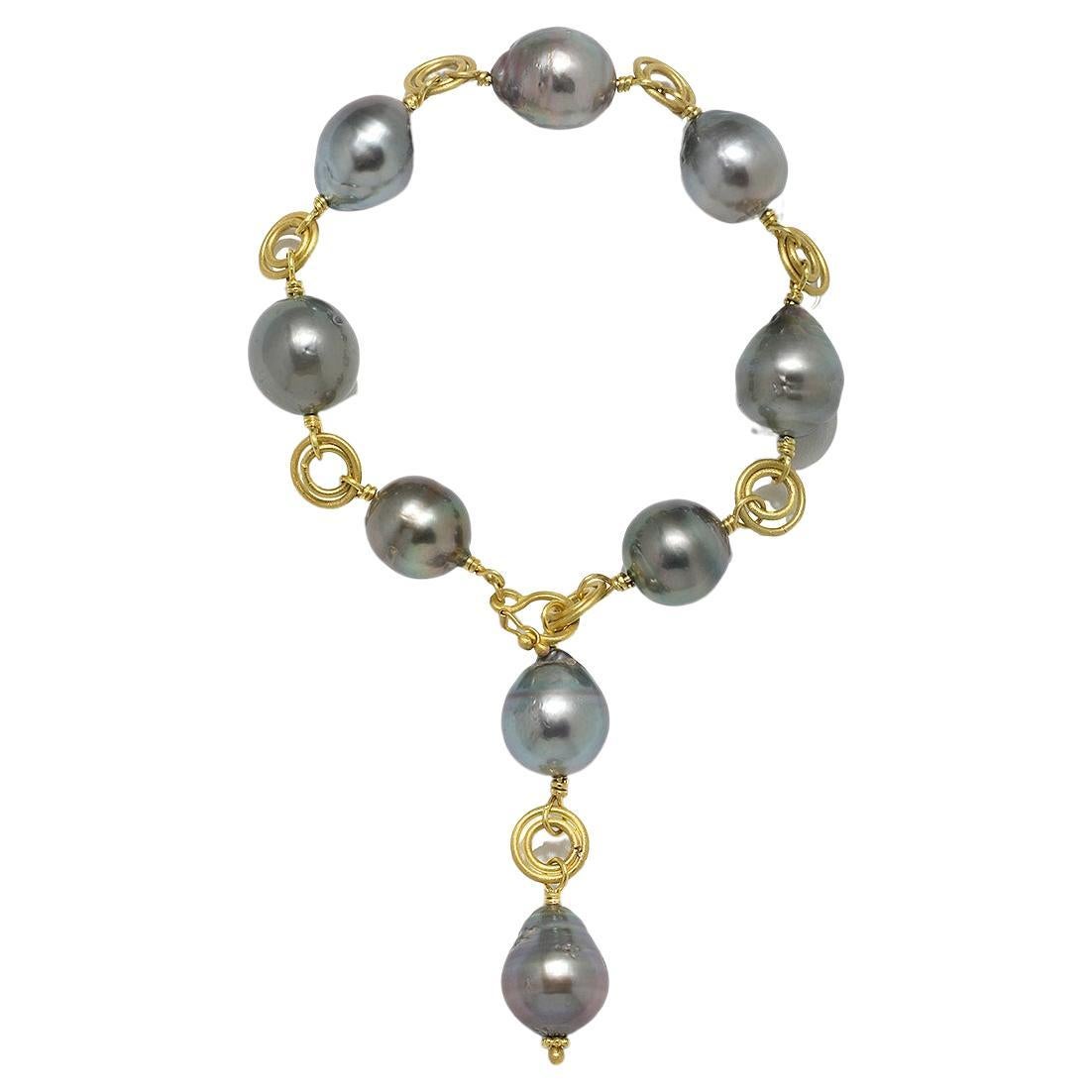 Faye Kim 18 Karat Gold Multi-Loop Black Tahitian Baroque Pearl Bracelet For Sale