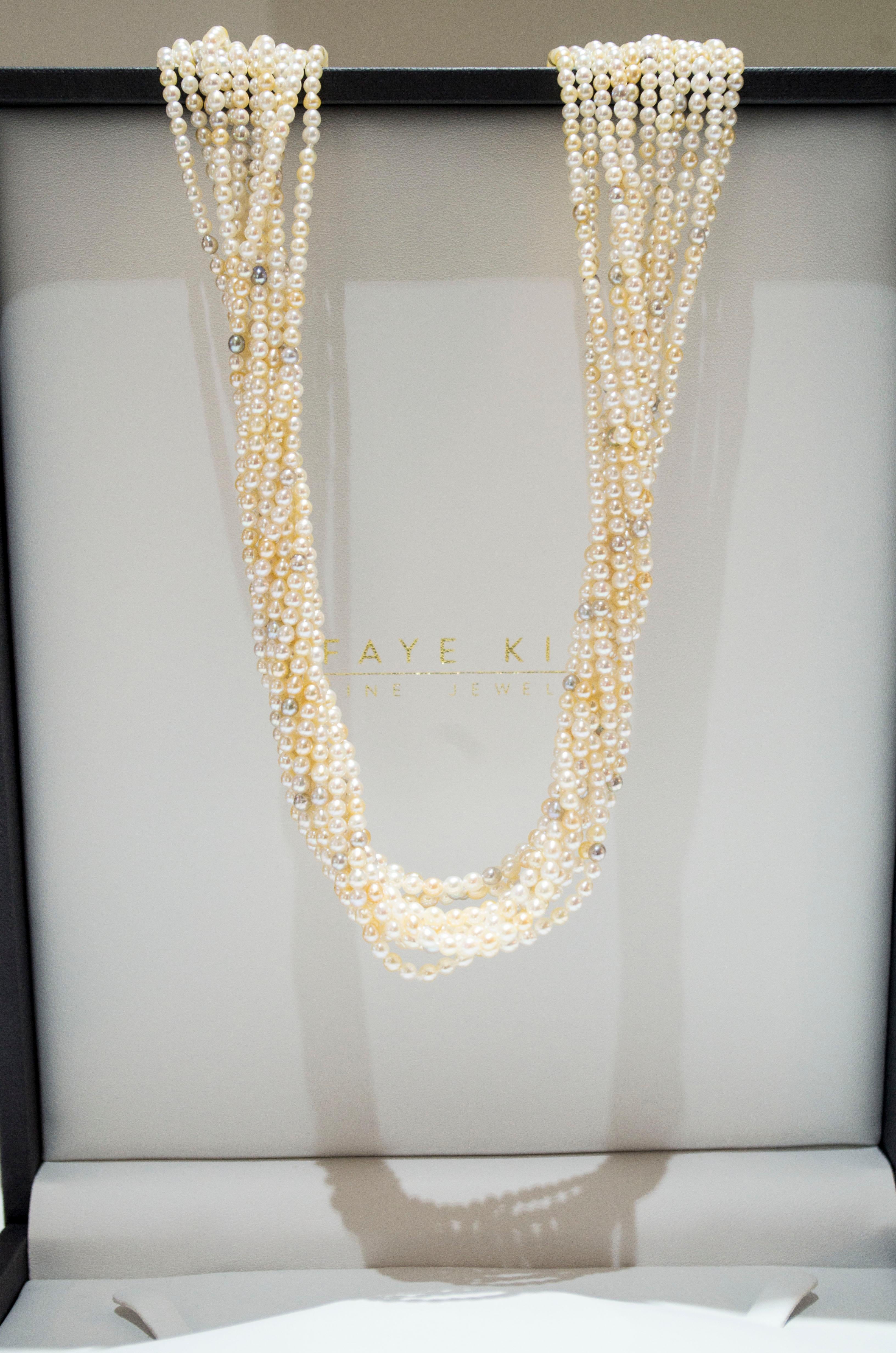 Faye Kim 18 Karat Gold Multi-Strand Akoya Keshi Pearl Necklace For Sale 1