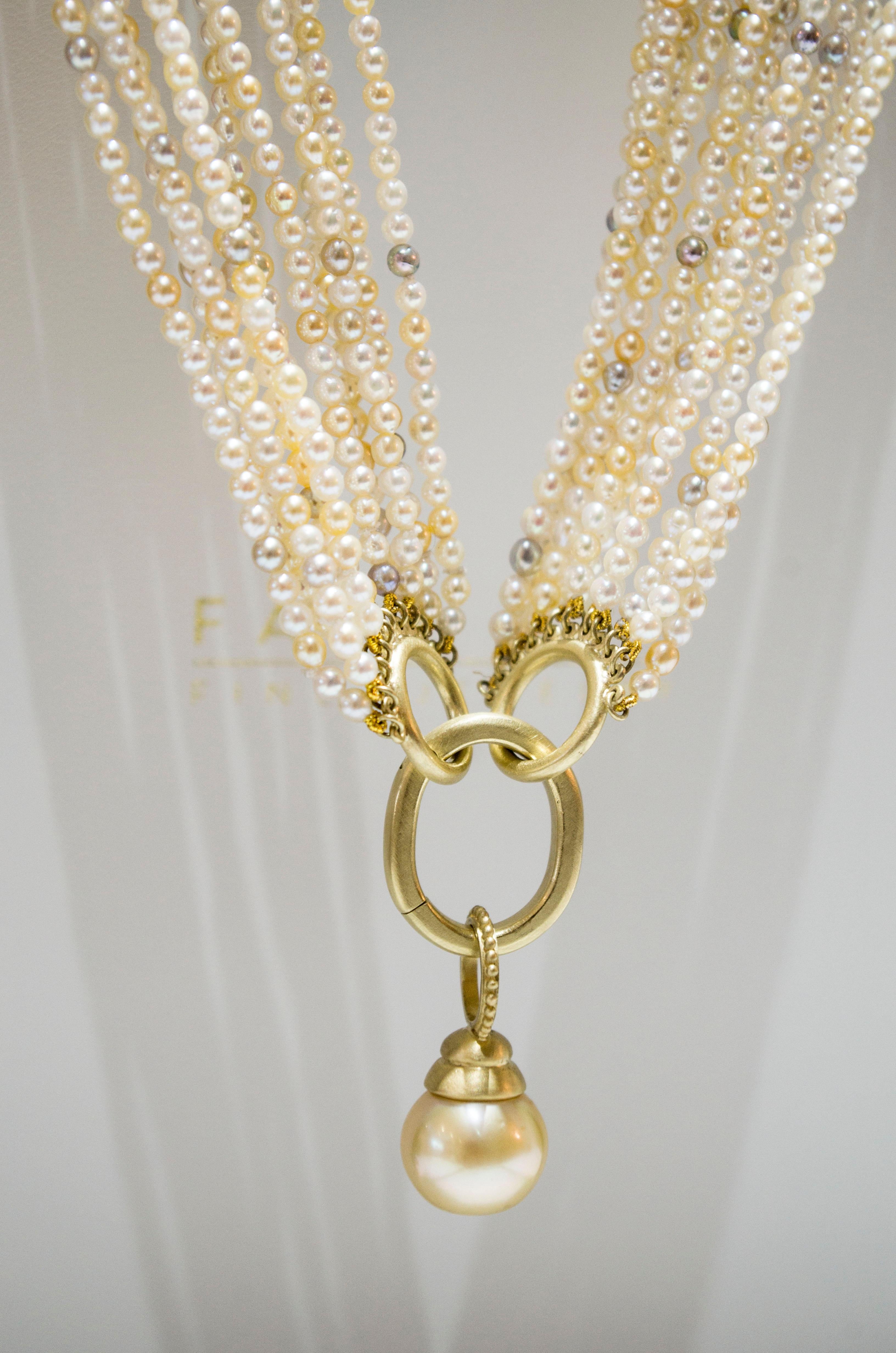Mehrreihige Akoya-Keshi-Perlenkette von Kim, 18 Karat Gold, 18 Karat im Angebot 7