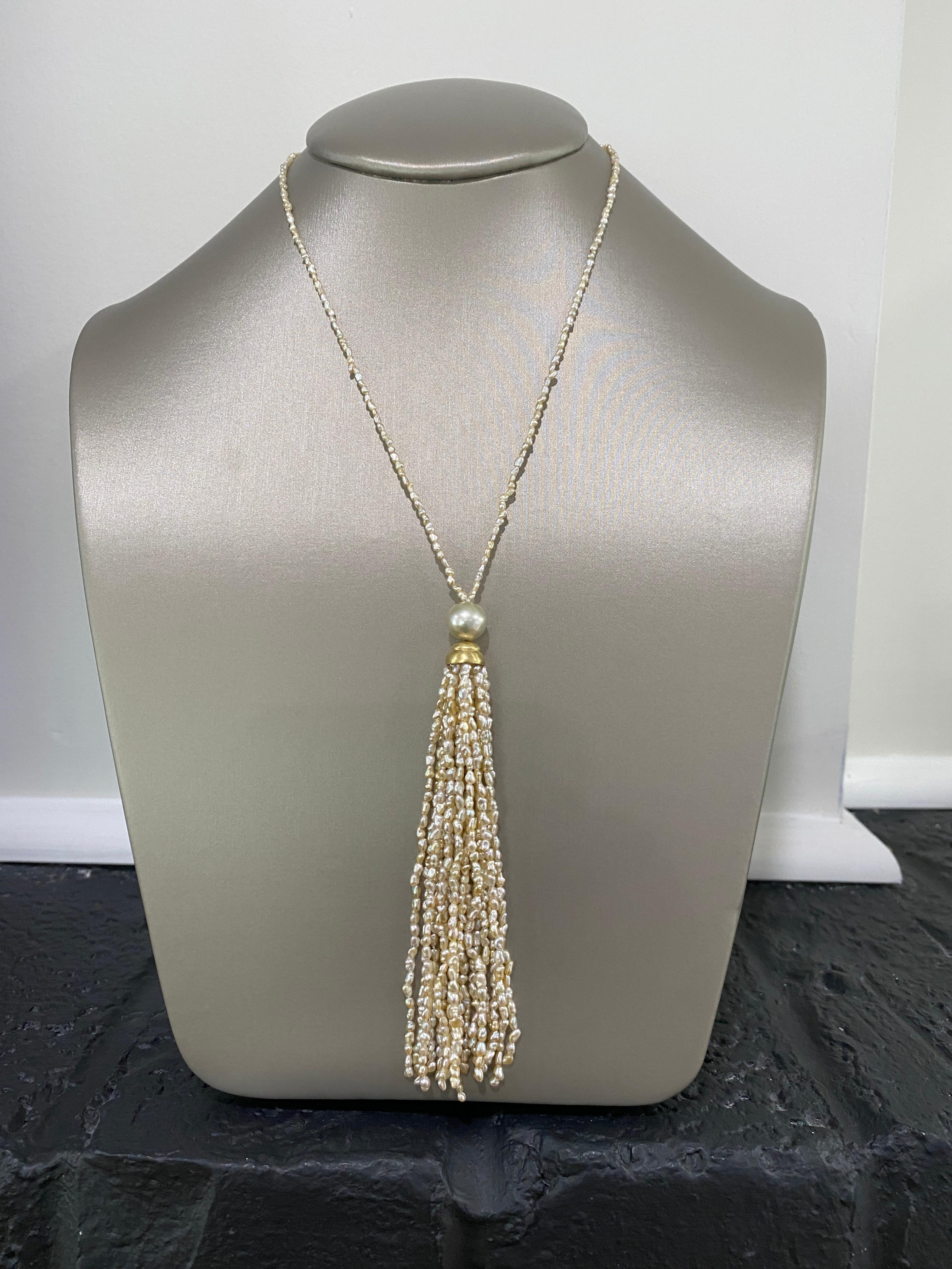 Contemporary Faye Kim 18 Karat Gold Natural Keshi Pearl Necklace with Tassel For Sale