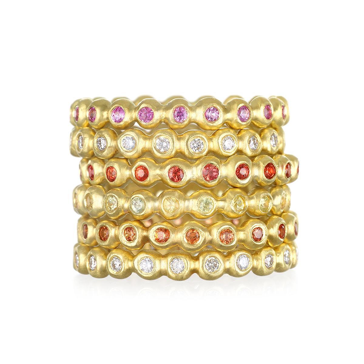 Faye Kim's Orange Sapphire Granulation Bead Ring is handcrafted in 18 karat gold and matte finished for a contemporary look. Wear alone or stacked with others to express your own unique style. 

Sapphires .40 tcw
Size 7, can be sized

Pictured with