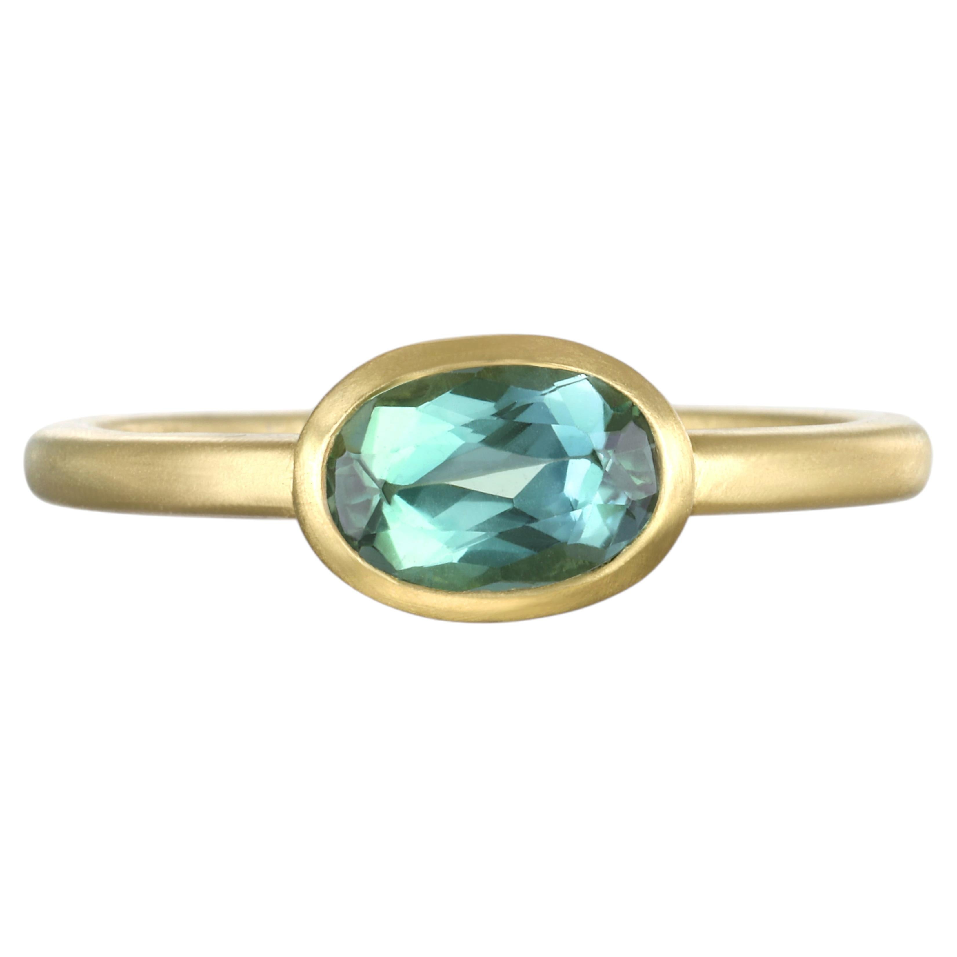 Faye Kim 18 Karat Gold Oval Blue-Green Tourmaline Single Stone Bezel Ring