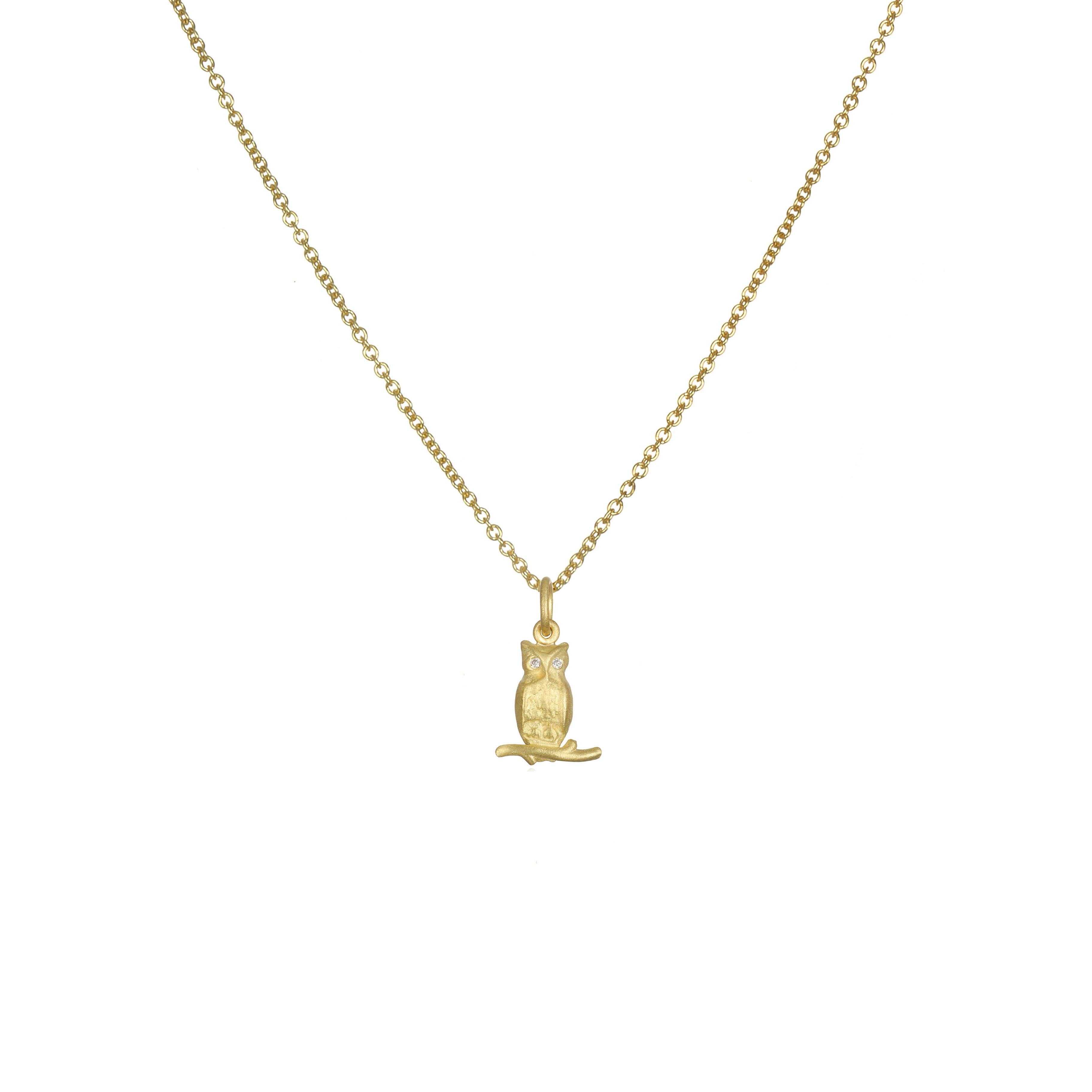 For the bird lover, this sweet Faye Kim 18 Karat Gold Owl Charm will melt your heart. Wear it alone or layered with other charms and necklaces. 

Diamonds = .02 cts.
Length and Width: .6