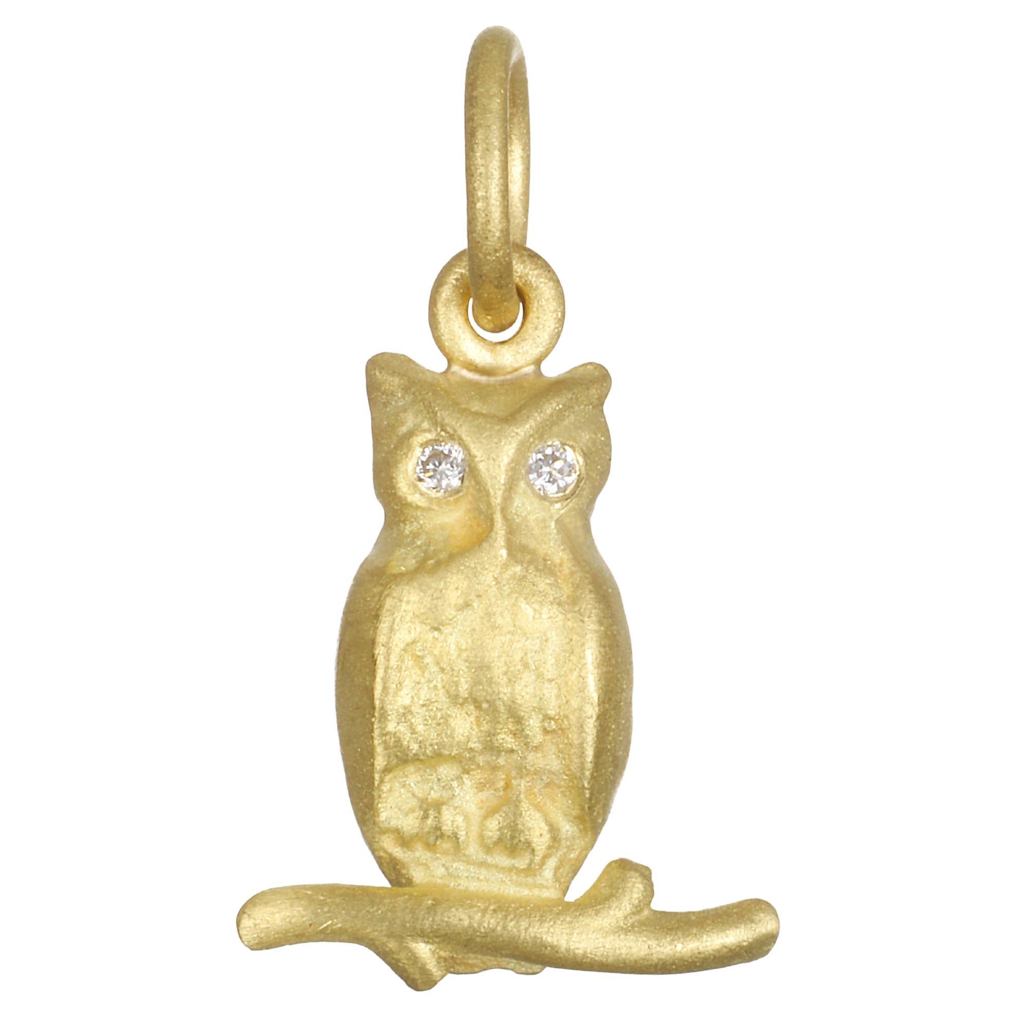 Faye Kim 18 Karat Gold Owl Charm with Diamond Eyes For Sale